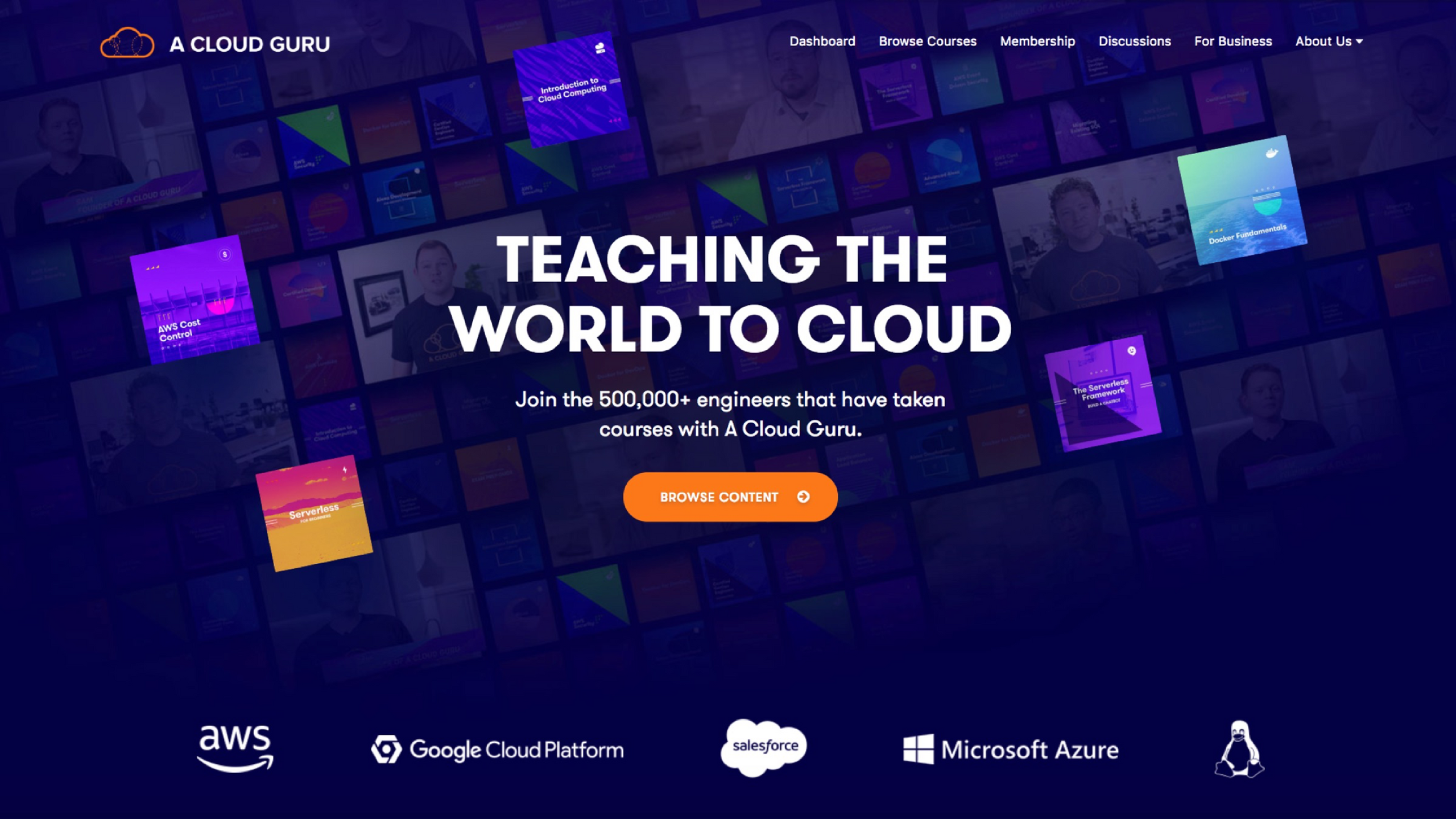 A screenshot of the A Cloud Guru homepage