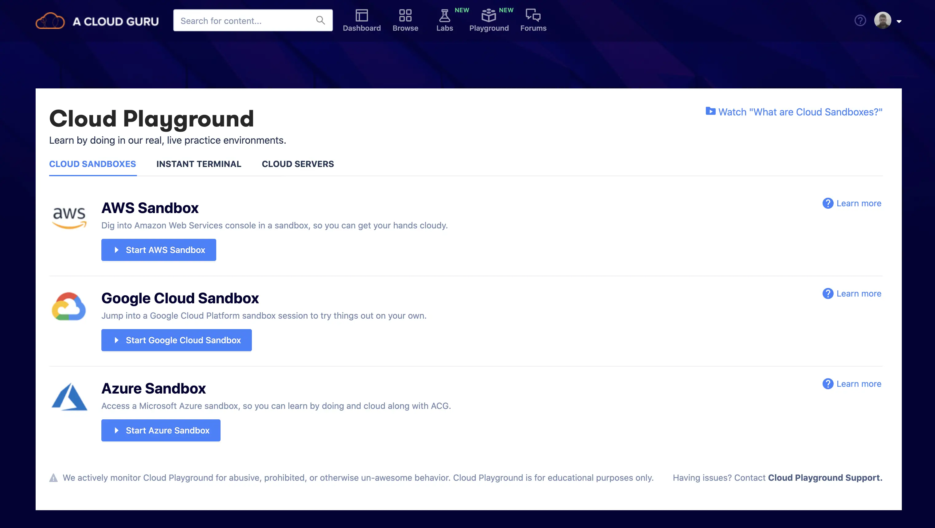 A screenshot of the cloud playground
