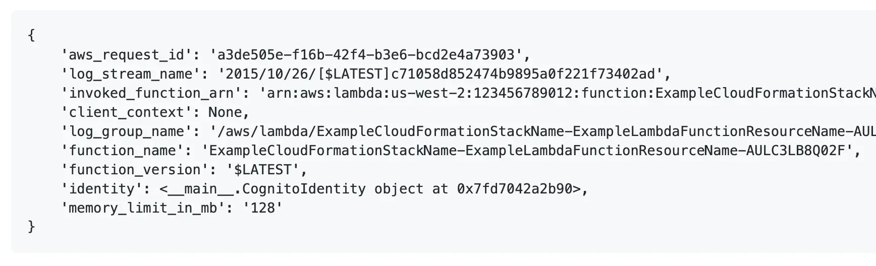 Example AWS Lambda Context Object